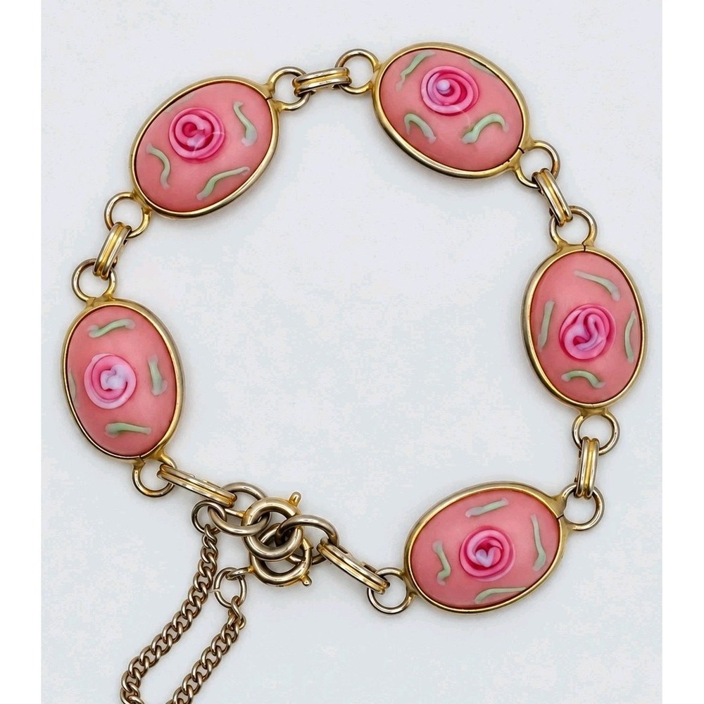 Romantic Bracelet Vintage Art Glass Floral Rose Pink Cabochon Millefiori Style